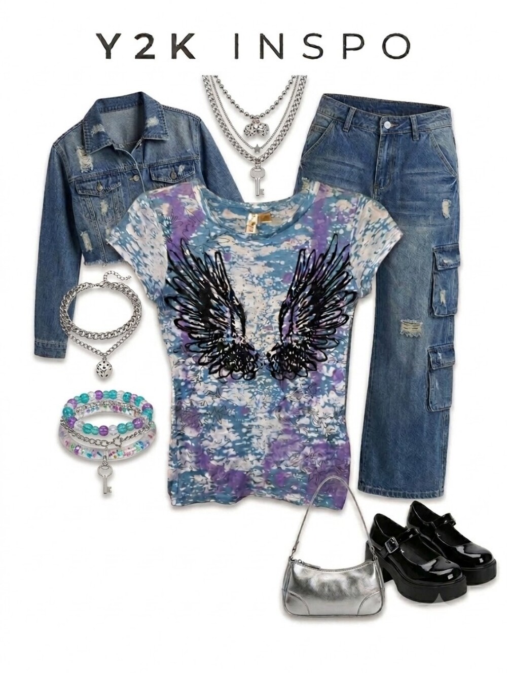 Y2K Eyeshadow Angel Wings Rhinestone Babydoll Top Size - M